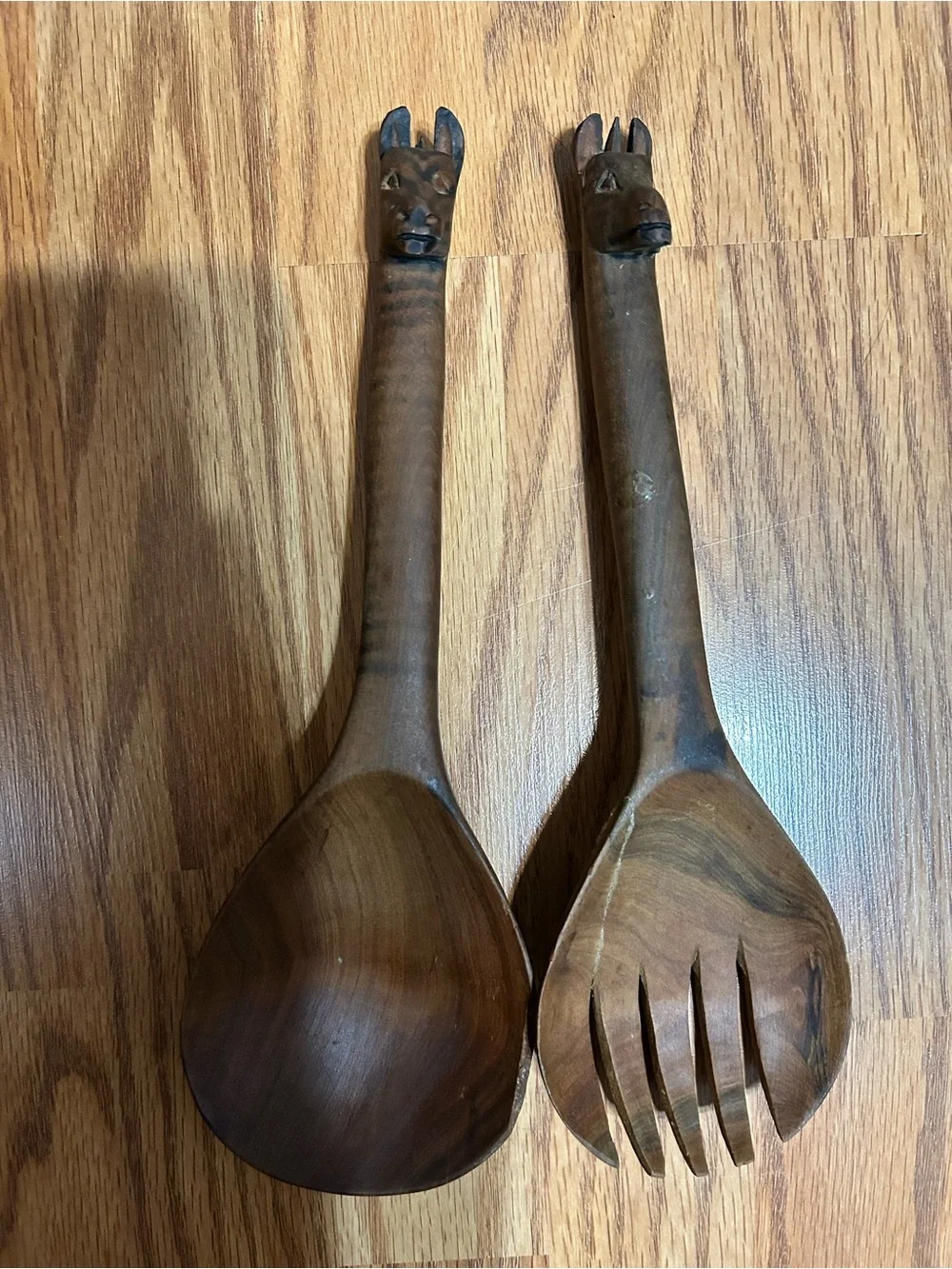 Vintage Hand-Carved African Wooden Salad Servers - Giraffe Finial - Set of 2